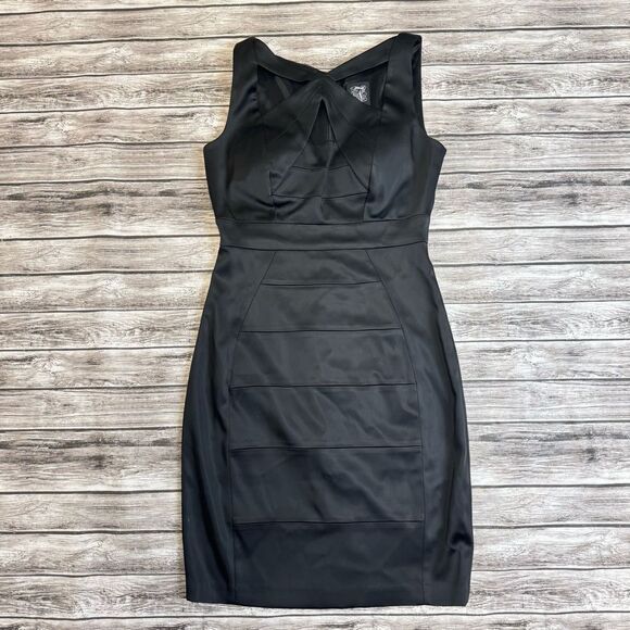 JAX Women's Sleeveless Mini Cocktail Dress Black 6 Sheer Satin Cutout High Neck - Picture 13 of 14